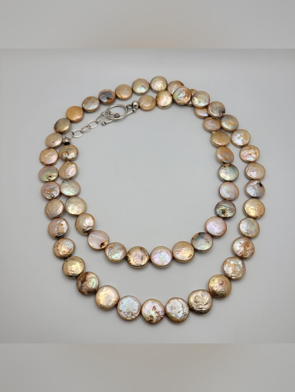 Freshwater Coin Pearl Long Necklace Silver Toggle Clasp